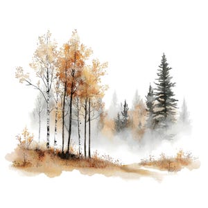 10 misty herfst landschap clipart l berken bomen herfst natuur l JPG digitale download l afdrukbare aquarel clipart