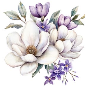 20 paarse bloemen boeket clipart l Magnolia aquarel bloemen l JPG digitale download l Afdrukbare clipart l Junk Journal l Paper Craft