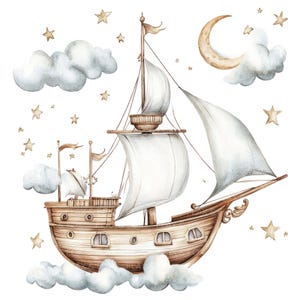 May include: A watercolor illustration of a wooden sailboat with white sails, floating on clouds against a white background with a crescent moon and gold stars.