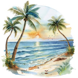 May include: A watercolor painting of a tropical beach scene with three palm trees, a sandy beach, and blue ocean waves. The sun is setting in the distance, casting a warm glow over the scene.