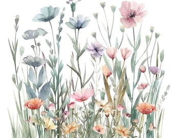 May include: Watercolour painting of a bouquet of wildflowers in shades of pink, blue, and green. The flowers are arranged in a loose, natural style, and the background is a soft white.