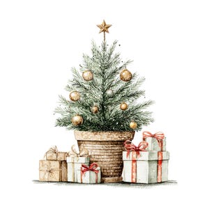 Puede incluir: Ilustración en acuarela de un árbol de Navidad en una maceta tejida, adornado con adornos dorados y una estrella. Varios regalos envueltos con cintas rojas están dispuestos en la base, creando una escena festiva.