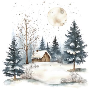 14 Imágenes prediseñadas de cabaña con paisaje invernal l Árboles de hoja perenne navideños l Descarga digital JPG l Imágenes prediseñadas de acuarela imprimibles