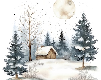 May include: A watercolour painting depicting a snowy woodland scene with a small cottage in the centre. The cottage has a brown wooden exterior and a white snow-covered roof. The trees are a dark blue-green colour and are covered in snow. The moon is a pale yellow colour and is visible in the sky. The sky is a light blue colour and there are small white dots representing falling snow.