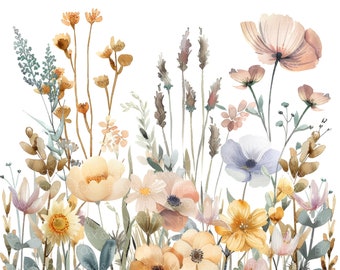 May include: A watercolour painting of a bouquet of flowers in shades of yellow, orange, pink, and blue. The flowers are arranged in a loose, natural style, and the background is white.