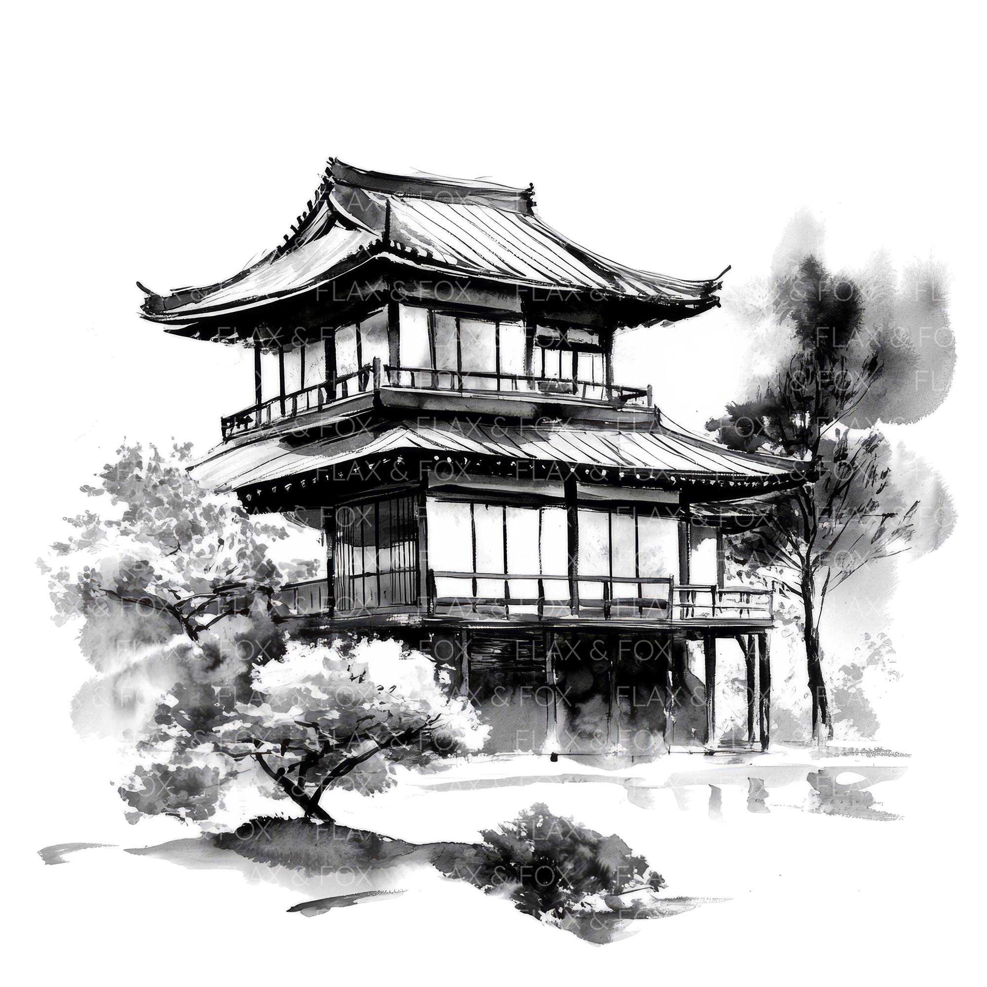 10 Black Ink Japanese House Clipart L Japan Sumi Ink Tree L JPG