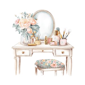 Puede incluir: Ilustración en acuarela de un tocador blanco con espejo ovalado, cajones y un taburete con estampado floral. La mesa está adornada con maquillaje, brochas y un jarrón con rosas melocotón. Se ven detalles dorados en la mesa y los accesorios.