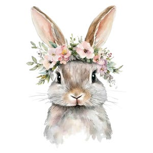 10 Hase mit Blumenkranz Clipart l Süßer Hase l JPG Digital Download l Druckbare Aquarell Clipart l Junk Journal l Papiermodell