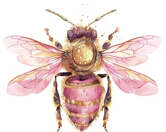 10 Pink Bee Clipart l Watercolor Gold Foil Bee l JPG Digital Download l Printable Watercolor Clipart l Junk Journal l Paper Craft