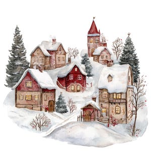 10 Village de Noël Clipart l Décoration de carte de Noël l Téléchargement numérique JPG l Clipart aquarelle imprimable l Journal indésirable l Créations en papier