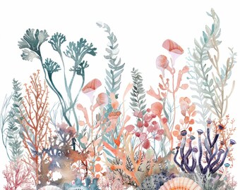 10 Coral Reef Clipart l Underwater Seaweed Seashells Border l JPG Digital Download l Printable Watercolor Clipart