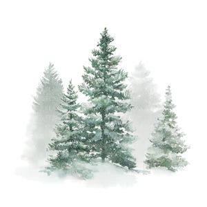 May include: Watercolor painting of a winter forest scene. Several evergreen trees are depicted in varying shades of green and gray, with some dusted with snow. The trees are set against a soft, white background, creating a serene and naturalistic image.