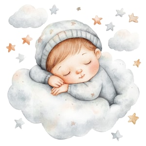 12 Clipart de bebê dormindo l Bebê fofo na nuvem l Download digital em JPG l Clipart de aquarela para impressão l Diário de lixo l Artesanato em papel