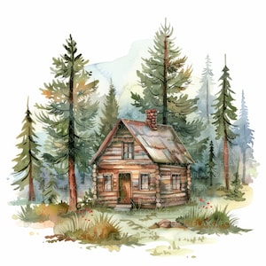 10 Clipart de cabane en bois de forêt l Arbres à feuilles persistantes l Téléchargement numérique JPG l Clipart aquarelle imprimable l Journal indésirable l Artisanat en papier