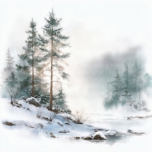 Può includere: Dipinto ad acquerello di un paesaggio innevato con alberi sempreverdi. L'opera presenta una collina coperta di neve, un fiume e uno sfondo nebbioso. Gli alberi sono verdi e marroni, con il testo "FLAX & FOX" nell'immagine.