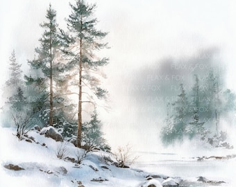 20 Winter Forest Landscape Clipart l Evergreen Trees l JPG Digital Download l Printable Watercolor Clipart