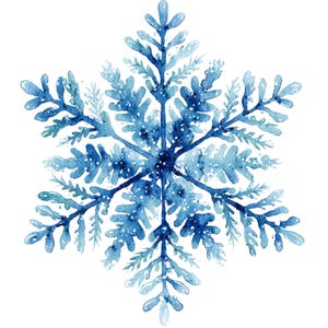 May include: Watercolor illustration of a blue snowflake with six symmetrical arms. The snowflake has a detailed, delicate design with various shades of blue and white accents, creating a wintery aesthetic. The background is plain white.