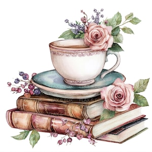 14 Clipart di tazze da tè e libri l Rose shabby chic l Download digitale JPG l Clipart acquerello stampabile l Diario spazzatura l Lavori di carta