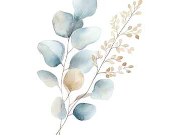 May include: Watercolor painting of a bouquet of blue and beige eucalyptus leaves.