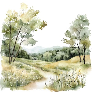 10 Clipart de paisagem l Floresta do vale l Download digital em JPG l Clipart de aquarela para impressão l Diário de lixo l Artesanato em papel