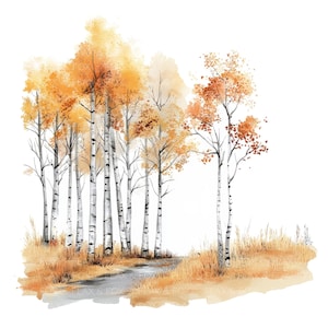 May include: Watercolor painting of a group of birch trees with yellow and orange leaves in an autumnal forest setting. The trees are painted in a realistic style with a soft, dreamy feel.