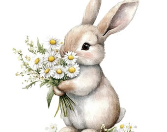 10 Hase mit Gänseblümchen Blumen Clipart l Süßer Hase l JPG Digital Download l Druckbare Aquarell Clipart l Junk Journal l Papiermodell
