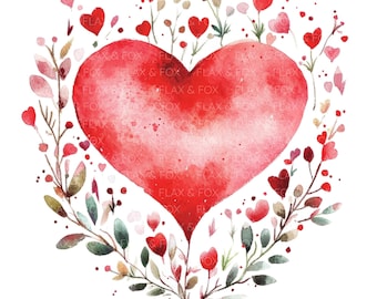 10 Floral Heart Clipart l Valentine&#39;s Day Card Decor l JPG Digital Download l Printable Watercolor Clipart l Junk Journal l Paper Craft
