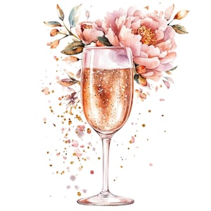 12 roos champagneglas clipart l Bloemen roze wijnglas l JPG digitale download l Afdrukbare aquarel clipart l Junk Journal l Paper Craft