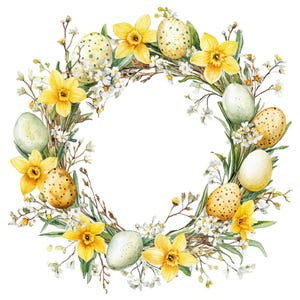 12 påskkrans-clipart l Gula påskliljor l Digital nedladdning av JPG l Utskrivbar akvarell-clipart l Skräpjournal l Papperspyssel