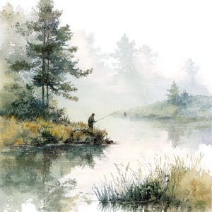 Può includere: Dipinto ad acquerello di una serena scena lacustre con un pescatore che getta una lenza. L'opera presenta un'atmosfera nebbiosa, con alberi e fogliame lungo la riva. La tavolozza dei colori comprende verdi, marroni e blu, creando un paesaggio tranquillo.