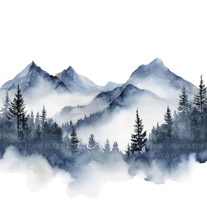 18 Clipart di montagne blu navy l Montagne nebbiose l Download digitale JPG l Clipart acquerello stampabile l Diario spazzatura l Artigianato di carta