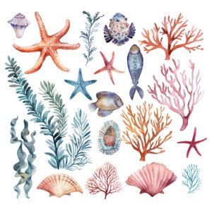 10 onderwater collage blad clipart l zeeschelpen koraal l JPG digitale download l afdrukbare aquarel clipart l ongewenste dagboek l Paper Craft