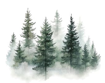 12 imágenes prediseñadas de bosque de pinos brumosos l Paisaje natural con árboles de hoja perenne l Descarga digital JPG l Imágenes prediseñadas de acuarela imprimibles
