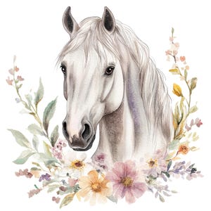 12 imágenes prediseñadas de caballos blancos con flores l Retrato de caballo l Descarga digital JPG l Imágenes prediseñadas de acuarela imprimibles l Diario basura l Manualidades de papel