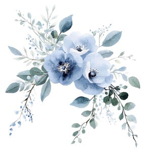 14 blauwe bloemen boeket clipart l pastel bloemen eucalyptus bladeren aquarel bloemen l jpg digitale download l afdrukbare aquarel clipart