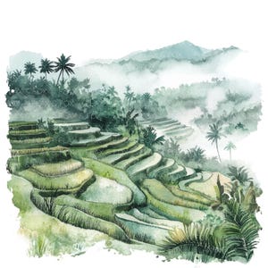 18 Bali-eiland clipart l Rijstterrassen reizen l JPG digitale download l Afdrukbare aquarel clipart l Junk Journal l Paper Craft