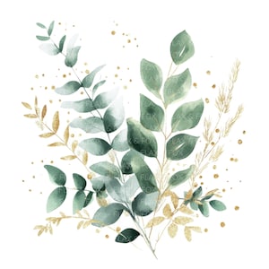 15 foglie di eucalipto verde rami con clipart oro l foglia botanica l download digitale JPG l clipart acquerello stampabile
