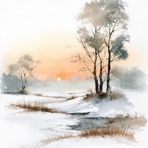May include: A watercolour painting depicting a winter scene with snow and trees. The artwork uses a soft palette of white, grey, and orange, with a setting sun in the background. The text "FLAX & FOX" is visible in the image.