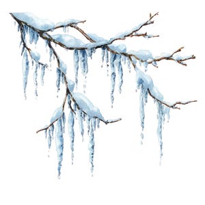 以下が含まれることがあります： 雪とつららで覆われた木の枝の水彩イラスト。枝は茶色で、白い雪と長い青い氷柱が垂れ下がっています。背景は白です。