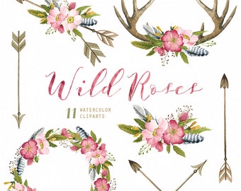 Wild Roses Watercolor Bouquets, Wreath, Antlers, Arrows hand painted clipart, floral wedding invite, greeting card, diy clip art, flowers