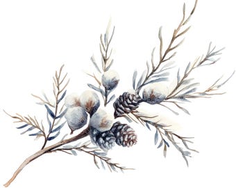 May include: A watercolor painting of a wintery branch with blue-grey berries and brown pine cones.