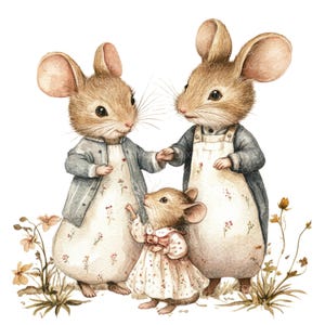 15 Clipart famille souris l Illustration de Style vintage l Téléchargement numérique JPG l Clipart aquarelle imprimable l Journal indésirable l Créations artisanales en papier