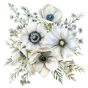 10 anémones blanches Bouquet Clipart l Fleurs de pavot l Téléchargement numérique JPG l Clipart aquarelle imprimable l Journal indésirable l Créations artisanales en papier