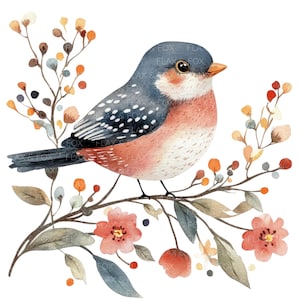 14 Cute Bird Clipart l Pássaro em galho de árvore l Download digital JPG l Clipart de aquarela para impressão l Diário de lixo l Artesanato em papel