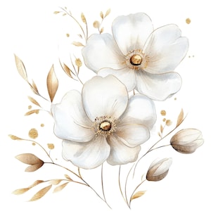 16 Abstrakte Blumen Clipart l weißer Mohn Aquarell Goldfolie Floral l JPG Digital Download l Printable Aquarell Clipart