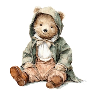 May include: Watercolor illustration of a teddy bear wearing a green hooded coat, a white shirt with a bow tie, and brown striped pants. The bear has brown fur and brown leather shoes. The image is on a white background.