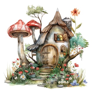 12 Clipart casa gnomo foresta l Casa magica l Download digitale JPG l Clipart acquerello stampabile l Diario spazzatura l Artigianato di carta