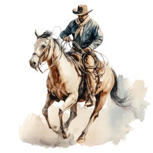 24 Cowboy On Horse Clipart l Western Horse l JPG Digital Download l Printable Watercolor Clipart l Junk Journal l Paper Craft