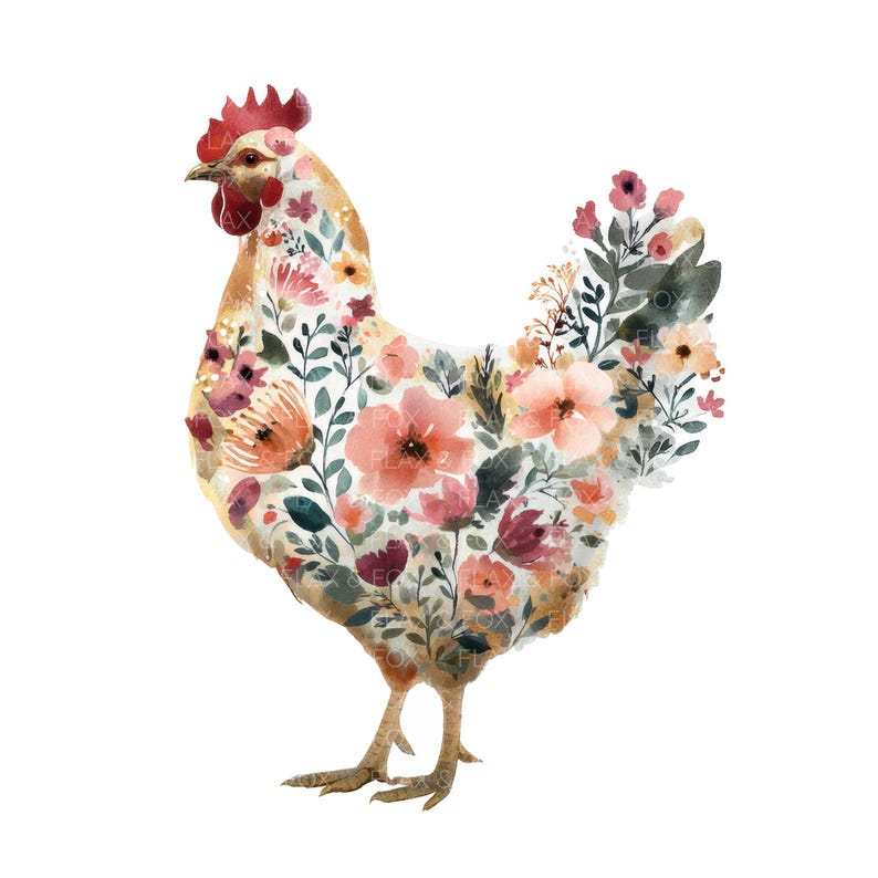 18 Floral Chicken Clipart L Farm Animal L JPG Digital Download L ...