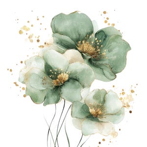 12 fleurs abstraites Clipart l aquarelle verte feuille d'or floral l JPG téléchargement numérique l Clipart aquarelle imprimable